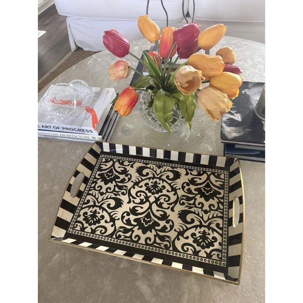 Michel Design Works Black Cream Damask Serving Tray Striped‎ Handles 20